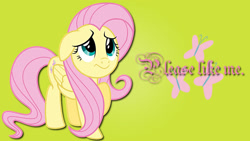 Size: 1024x576 | Tagged: safe, artist:barrfind, artist:flizzick, fluttershy, pegasus, pony, g4, cute, female, green background, mare, shyabetes, simple background, solo, text, wallpaper