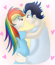 Size: 1865x2235 | Tagged: safe, rainbow dash, soarin', human, female, humanized, looking at each other, looking at someone, male, romantic, ship:soarindash, shipping, smiling, smiling at each other, straight