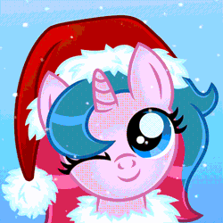 Size: 800x800 | Tagged: safe, artist:jennieoo, oc, oc only, pony, unicorn, animated, avatar, female, filly, foal, gif, gradient background, horn, icon, one eye closed, show accurate, smiling, snow, snowfall, solo, wink
