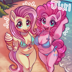 Size: 1841x1841 | Tagged: safe, artist:juxi, fluttershy, pinkie pie, earth pony, pegasus, anthro, g4, belly, belly button, bikini, blue bikini, blushing, breasts, busty fluttershy, busty pinkie pie, chubby, clothes, commission, curvy, cute, duo, duo female, emanata, female, food, green bikini, ice cream, ice cream cone, legs together, looking at you, open mouth, open smile, plump, smiling, smiling at you, summer, swimsuit, your character here