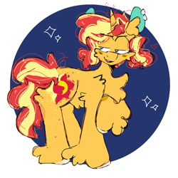 Size: 1280x1280 | Tagged: safe, artist:duskstars, sunset shimmer, pony, unicorn, g4, abstract background, blushing, circle background, colored ears, cute, ear piercing, female, fluffy, heart, horn, lidded eyes, mare, open mouth, open smile, piercing, smiling, solo, sparkles, unshorn fetlocks