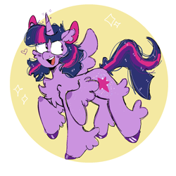 Size: 1280x1280 | Tagged: safe, artist:duskstars, twilight sparkle, alicorn, pony, g4, abstract background, blushing, circle background, colored ears, female, fluffy, heart, heart eyes, horn, mare, open mouth, open smile, smiling, solo, sparkles, spread wings, twilight sparkle (alicorn), wingding eyes, wings