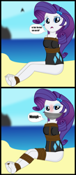 Size: 2999x6894 | Tagged: safe, artist:cardshark777, human, equestria girls, g4, 2 panel comic, barefoot, beach, blurry background, blushing, bondage, bound and gagged, box tied, clothes, comic, crotch rope, feet, female, femsub, gag, helpless, looking at you, muffled words, question, rope, rope bondage, sand, sitting, solo, speech bubble, submissive, swimsuit, talking, talking to viewer, tape, tape gag, toe tied, toes, water