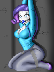 Size: 2160x2880 | Tagged: safe, artist:furgagtape, rarity, human, equestria girls, g4, arms in the air, ballgag, bondage, breasts, button-up shirt, cleavage, clothes, dress shirt, female, femsub, frogtie, gag, jewelry, kneeling, necklace, pantyhose, rarisub, shirt, solo, submissive, tape, tape bondage