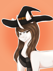 Size: 1536x2048 | Tagged: safe, artist:pixelberrry, oc, pony, unicorn, clothes, hat, horn, orange background, scarf, simple background, solo, witch hat