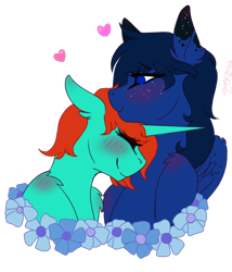 Size: 1800x2100 | Tagged: safe, artist:pixelberrry, oc, oc only, pegasus, pony, unicorn, blushing, duo, flower, horn, simple background, transparent background