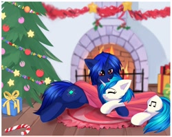 Size: 1605x1275 | Tagged: safe, artist:arllistar, dj pon-3, vinyl scratch, oc, oc:xeno (iraven), pony, unicorn, g4, blanket, candy, candy cane, canon x oc, christmas, christmas tree, cuddling, duo, duo female, female, fire, fireplace, food, holiday, holly, horn, mare, present, rug, tree