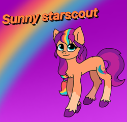 Size: 1099x1056 | Tagged: safe, artist:aaliyahthedream12, sunny starscout, earth pony, g5, female, looking up, mane stripe sunny, name, rainbow, smiling, solo, standing