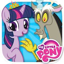 Size: 1024x1024 | Tagged: safe, part of a set, playdate digital, discord, twilight sparkle, alicorn, draconequus, pony, g4, my little pony: twilight's kingdom, app icon, blue background, crown, duo, duo male and female, female, horn, horns, jewelry, male, mare, my little pony logo, open mouth, open smile, raised hoof, regalia, selling, simple background, smiling, story included, twilight sparkle (alicorn), video game, waving
