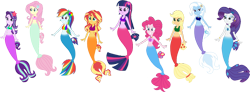 Size: 3944x1453 | Tagged: safe, artist:invisibleink, artist:tylerajohnson352, applejack, fluttershy, pinkie pie, rainbow dash, rarity, starlight glimmer, sunset shimmer, trixie, twilight sparkle, mermaid, equestria girls, g4, bare shoulders, fish tail, mermaid tail, mermaidized, mermarity, simple background, sleeveless, species swap, strapless, tail, transparent background