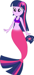 Size: 754x1637 | Tagged: safe, artist:invisibleink, artist:tylerajohnson352, twilight sparkle, mermaid, equestria girls, g4, bare shoulders, bra, clothes, fish tail, flower, flower in hair, jewelry, mermaid tail, mermaidized, necklace, pearl necklace, simple background, sleeveless, solo, species swap, tail, transparent background