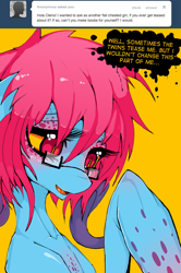 Size: 700x1052 | Tagged: safe, artist:slugbox, oc, oc only, oc:cteno, ask cteno, breasts, delicious flat chest, female, glasses, simple background, skinny, solo, thin, yellow background