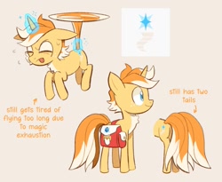 Size: 1355x1110 | Tagged: safe, artist:galaxylover06, pony, unicorn, bag, blue eyes, butt, colt, cutie mark, eyes closed, foal, freckles, glowing, glowing horn, horn, magic, male, miles "tails" prower, plot, ponified, reference sheet, saddle bag, smiling, solo, sonic the hedgehog (series), tail