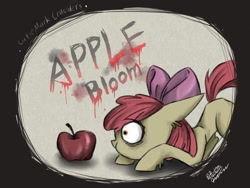 Size: 1024x768 | Tagged: safe, artist:annunight, apple bloom, earth pony, pony, g4, apple, blood, creepy, female, filly, foal, food, solo, text