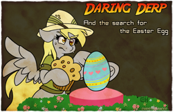 Size: 1107x722 | Tagged: safe, artist:outofworkderpy, derpy hooves, pegasus, pony, g4, daring do costume, easter, easter egg, food, hat, indiana jones, muffin, pith helmet, solo, spread wings, text, wings