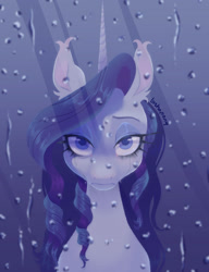 Size: 2000x2600 | Tagged: safe, artist:bishopony, rarity, pony, unicorn, g4, bust, crying, ear fluff, female, gradient background, high res, horn, lidded eyes, looking at you, makeup, mare, rain, running makeup, signature, solo, window