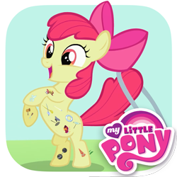 Size: 1024x1024 | Tagged: safe, playdate digital, apple bloom, earth pony, pony, g4, my little pony: cutie pox, official, the cutie pox, app icon, apple bloom's bow, bipedal, bow, cutie mark, cutie pox, female, filly, foal, hair bow, loop-de-hoop, my little pony logo, open mouth, open smile, outdoors, rearing, smiling, solo