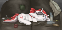 Size: 2000x991 | Tagged: safe, artist:lil_vampirecj, oc, oc only, oc:red rocket, pony, unicorn, fallout equestria, alcohol, commission, couch, digital art, drink, female, horn, krita, mare, messy room, ponytail, scene, ych result, your character here