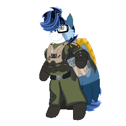 Size: 1500x1500 | Tagged: safe, artist:euspuche, oc, oc only, oc:soaring spirit, pegasus, pony, semi-anthro, accessory, animated, armor, bipedal, coat markings, colored ears, commission, facial markings, gif, glasses, helldivers, helldivers 2, helmet, male, multicolored hair, multicolored mane, multicolored tail, simple background, solo, stallion, tail, three toned wings, transparent background, wing armor, wing brace, wings, ych result, your character here