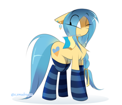 Size: 1181x1018 | Tagged: safe, artist:madragon, derpibooru exclusive, oc, oc only, oc:ukraine, earth pony, pony, braid, chest fluff, clothes, ear piercing, eye clipping through hair, flag, floppy ears, nation ponies, one eye closed, one eye covered, piercing, ponified, signature, simple background, socks, solo, stockings, striped socks, thigh highs, ukraine, white background, wink