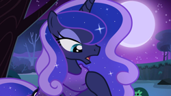 Size: 1920x1080 | Tagged: safe, artist:cstrawberrymilk, princess luna, alicorn, pony, g4, alternate hairstyle, clothes, ethereal mane, ethereal tail, female, hoof on chest, horn, lidded eyes, mare, missing accessory, moon, night, night sky, open mouth, scarf, scene interpretation, show accurate, sky, solo, sparkly mane, sparkly tail, tail