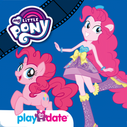 Size: 1024x1024 | Tagged: safe, playdate digital, pinkie pie, earth pony, human, pony, equestria girls, g4, my little pony: story creator, official, app icon, bare shoulders, boots, clothes, dress, duo, duo female, eared humanization, fall formal outfits, female, grin, human ponidox, humanized, looking at you, mare, my little pony logo, open mouth, open smile, ponied up, raised leg, ribbon, self paradox, self ponidox, shoes, sleeveless, smiling, standing, standing on one leg, strapless, tail