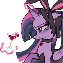 Size: 442x442 | Tagged: safe, artist:petaltwinkle, twilight sparkle, alicorn, pony, g4, alternate hairstyle, bow, bunny ears, bunny suit, choker, clothes, drink, eyelashes, eyeshadow, female, folded wings, glowing, glowing horn, hair bow, heart choker, horn, lidded eyes, long mane, magic, makeup, mare, martini glass, multicolored mane, ponytail, profile, purple coat, purple eyes, raised hoof, simple background, smiling, solo, straight mane, telekinesis, tied mane, twilight sparkle (alicorn), white background, wingding eyes, wings, zoomed in
