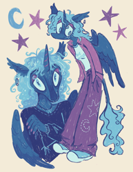 Size: 1364x1764 | Tagged: safe, artist:webkinzworldz, princess luna, alicorn, anthro, plantigrade anthro, g4, clothes, converse, crescent moon, denim, ear fluff, ear piercing, ear tufts, earring, eyeshadow, female, female symbol, freckles, hand in pocket, horn, implied lesbian, jacket, jeans, jewelry, leonine tail, looking at you, makeup, mare, moon, nail polish, necklace, nervous, nervous smile, pants, peace symbol, piercing, pink background, shoes, simple background, smiling, solo, speedpaint available, standing, stars, striped horn, sweat, sweatdrop, tail, the smiths, yellow background