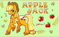Size: 720x445 | Tagged: safe, artist:junniepiepoopop, applejack, earth pony, pony, g4, alternate design, animal jam, apple, applejack's hat, blaze (coat marking), blonde mane, blonde tail, bowtie, chest fluff, coat markings, colored belly, colored hooves, countershading, cowboy hat, emanata, eyelashes, facial markings, female, floating heart, food, freckles, green background, green eyes, hat, heart, long mane, long tail, looking back, mare, pale belly, ponytail, profile, raised hoof, shiny hooves, simple background, smiling, solo, standing, straw in mouth, tail, text, tied mane, tied tail, unshorn fetlocks, wingding eyes, yellow text