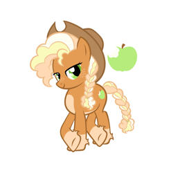 Size: 1640x1640 | Tagged: safe, artist:dreamscreep, applejack, earth pony, pony, g4, apple, blonde, blonde mane, braid, braided ponytail, braided tail, cowboy hat, cutie mark, food, freckles, green eyes, hat, ponytail, redesign, reference sheet, simple background, smiling, solo, tail, white background