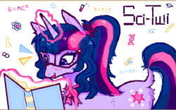 Size: 717x446 | Tagged: safe, artist:junniepiepoopop, sci-twi, twilight sparkle, pony, unicorn, equestria girls, g4, animal jam, blush scribble, blushing, butt fluff, e=mc^2, ear fluff, emanata, equestria girls ponified, eyelashes, female, glasses, glowing, glowing horn, horn, leonine tail, looking at something, magic, mare, multicolored mane, multicolored tail, open mouth, open smile, pi, ponytail, purple coat, purple eyes, reading, ribbon, simple background, smiling, solo, tail, tail fluff, telekinesis, tied mane, unicorn horn, unicorn sci-twi, white background