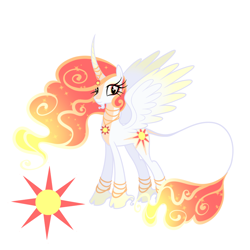 Size: 1640x1640 | Tagged: safe, artist:dreamscreep, princess celestia, alicorn, pony, g4, anklet, bracelet, cloven hooves, cutie mark, facial hair, feathered wings, female, fire, goatee, horn, horn jewelry, jewelry, looking at you, mane of fire, mare, necklace, redesign, simple background, smiling, smiling at you, solo, spread wings, sun, tail, tail of fire, white background, wings