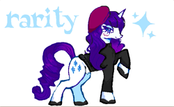 Size: 717x442 | Tagged: safe, rarity, pony, unicorn, g4, animal jam, artist, beatnik rarity, beauty mark, beret, blue eyes, blue text, clothes, colored hooves, countershading, curly mane, curly tail, eyeshadow, female, hat, horn, lidded eyes, long mane, long tail, looking back, makeup, mare, profile, pubic fluff, purple mane, purple tail, raised hoof, ringlets, shiny mane, shiny tail, simple background, smiling, solo, sparkles, standing, sweater, tail, turtleneck, unicorn horn, white background, white coat, wingding eyes