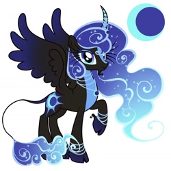 Size: 1640x1640 | Tagged: safe, artist:dreamscreep, princess luna, alicorn, pony, g4, anklet, black coat, bracelet, cloven hooves, cutie mark, facial hair, feathered wings, goatee, horn, horn jewelry, jewelry, moon, necklace, redesign, reference sheet, simple background, solo, white background, wings