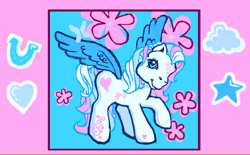 Size: 716x443 | Tagged: safe, artist:junniepiepoopop, star catcher, pegasus, pony, g3, animal jam, blue eyes, border, coat markings, colored wings, female, flower, heart, heart mark, long mane, long tail, mare, multicolored mane, multicolored tail, pink background, raised hoof, simple background, solo, spread wings, tail, toy interpretation, wavy mane, wavy tail, white coat, wingding eyes, wings