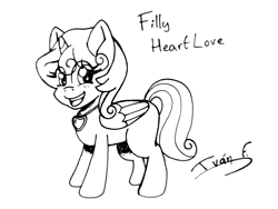 Size: 3240x2430 | Tagged: safe, artist:memprices, oc, oc:heart love, oc:princess heart love, alicorn, pony, alicorn oc, eye clipping through hair, female, filly, foal, grayscale, heart necklace, horn, jewelry, looking at you, monochrome, necklace, open mouth, open smile, simple background, sketch, smiling, standing, white background, wings
