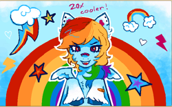 Size: 722x448 | Tagged: safe, artist:junniepiepoopop, rainbow dash, pony, g4, 20% cooler, alternate design, alternate hairstyle, animal jam, bandaid, bandaid on nose, blue coat, chest fluff, coat markings, colored eartips, colored hooves, colored wings, colored wingtips, ear fluff, ear piercing, earring, eye clipping through hair, eyebrows, eyebrows visible through hair, eyelashes, female, freckles, jewelry, long mane, mare, messy mane, multicolored hair, multicolored mane, narrowed eyes, open mouth, open smile, outline, piercing, pink eyes, pink text, rainbow hair, raised hooves, shiny hooves, sky background, small wings, smiling, socks (coat markings), solo, spread wings, text, two toned wings, unshorn fetlocks, wings
