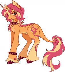 Size: 1270x1404 | Tagged: safe, artist:junniepiepoopop, sunset shimmer, pony, unicorn, g4, alternate color palette, alternate design, blaze (coat marking), chest fluff, coat markings, collar, colored belly, colored eartips, colored hooves, colored horn, curved horn, ear fluff, facial markings, female, heart, heart mark, horn, leonine tail, long legs, long mane, long tail, mare, orange coat, pale belly, pubic fluff, shiny hooves, simple background, smiling, socks (coat markings), solo, spiked collar, spiked wristband, standing, tail, tail fluff, two toned mane, two toned tail, unshorn fetlocks, white background, wristband