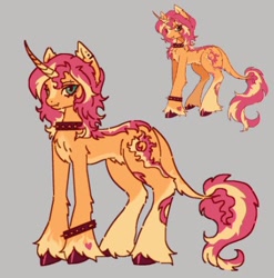Size: 432x438 | Tagged: safe, artist:junniepiepoopop, sunset shimmer, pony, unicorn, g4, alternate design, bags under eyes, blaze (coat marking), chest fluff, coat markings, collar, colored eartips, colored hooves, colored horn, curved horn, duality, ear fluff, ear piercing, earring, eyebrow piercing, eyelashes, facial markings, fangs, female, gray background, green eyes, heart, heart mark, horn, jewelry, leonine tail, long legs, long mane, long tail, lowres, mare, messy mane, messy tail, orange coat, piercing, pubic fluff, redesign, shiny hooves, simple background, smiling, socks (coat markings), solo, spiked collar, spiked wristband, standing, tail, two toned mane, two toned tail, unshorn fetlocks, wristband