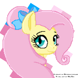 Size: 3042x3042 | Tagged: safe, artist:anythingpony, derpibooru exclusive, editor:wojtek-ツ, fluttershy, pegasus, pony, g4, bow, bust, hair bow, hair bun, looking at you, looking back, looking back at you, pixel art, redraw, simple background, smiling, solo, white background