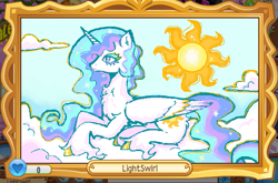 Size: 763x503 | Tagged: safe, artist:junniepiepoopop, princess celestia, alicorn, pony, g4, animal jam, chest fluff, cloud, colored eyelashes, colored hooves, colored wings, countershading, day, ear fluff, ethereal mane, ethereal tail, eyelashes, eyeshadow, fangs, female, fetlock tuft, folded wings, frown, horn, lidded eyes, long mane, long tail, lying down, makeup, mare, missing accessory, multicolored mane, multicolored tail, neck fluff, on a cloud, profile, sitting, sitting on a cloud, sky background, solo, sparkly mane, sparkly tail, tail, two toned wings, unicorn horn, wavy mane, wavy tail, white coat, wings