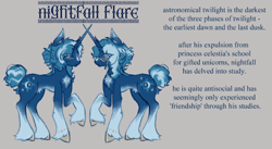 Size: 682x375 | Tagged: safe, artist:junniepiepoopop, oc, oc only, oc:nightfall flare, pony, unicorn, belly fluff, big ears, blue coat, blue mane, blue tail, blue text, butt fluff, chest fluff, coat markings, colored belly, colored eartips, colored hooves, colored horn, colored pinnae, concave belly, curly mane, curly tail, ear fluff, eye clipping through hair, eyeshadow, facial markings, fetlock tuft, frown, glasses, glasses chain, gray background, horn, lidded eyes, long horn, long mane, long mane male, makeup, male, messy mane, messy tail, pale belly, pubic fluff, raised hoof, reference sheet, short tail, simple background, slender, snip (coat marking), socks (coat markings), solo, stallion, standing, tail, text, thick horn, thin, two toned mane, two toned tail, unicorn horn, unicorn oc, yellow eyes