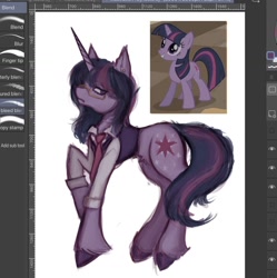 Size: 1192x1196 | Tagged: safe, artist:junniepiepoopop, twilight sparkle, pony, unicorn, g4, button-up shirt, clothes, colored hooves, colored pinnae, dress shirt, ear fluff, ear piercing, earring, eye clipping through hair, female, fetlock tuft, frown, glasses, horn, jewelry, krita, lanky, lidded eyes, long legs, looking back, mare, necktie, piercing, pubic fluff, purple coat, purple eyes, raised hoof, shirt, skinny, solo, tall, thin, twilight sparkle is not amused, unamused, unicorn twilight, vest, wip