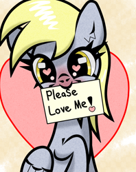 Size: 1000x1260 | Tagged: safe, artist:scandianon, derpy hooves, pegasus, pony, g4, blushing, female, folded wings, heart, heart eyes, looking at you, mare, mouth hold, raised hoof, smiling, solo, text, wingding eyes, wings