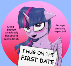 Size: 2000x1863 | Tagged: safe, artist:chopsticks, twilight sparkle, alicorn, pony, g4, adorkable, bedroom eyes, blushing, braces, cheek fluff, chest fluff, cute, dialogue, dork, female, flirting, floppy ears, looking at you, open mouth, sign, solo, spread wings, stray strand, talking to viewer, text, twiabetes, twilight sparkle (alicorn), wing fluff, wing hold, wings