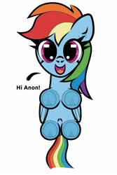 Size: 3000x4500 | Tagged: safe, artist:scandianon, rainbow dash, pegasus, pony, g4, cute, dashabetes, female, frog (hoof), hi anon, looking at you, looking down, looking down at you, low angle, mare, meme, offscreen character, open mouth, open smile, pov, simple background, smiling, smiling at you, solo, standing over, stubby legs, talking, talking to viewer, underhoof, white background