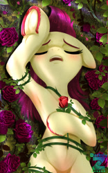 Size: 1122x1799 | Tagged: safe, artist:darksly, roseluck, earth pony, pony, g4, armpits, belly, belly button, blushing, body pillow, cropped, eyes closed, female, floppy ears, flower, lying down, mare, rose, solo, underhoof, unshorn fetlocks, vine