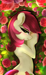 Size: 1122x1797 | Tagged: safe, artist:darksly, roseluck, earth pony, pony, g4, blushing, body pillow, butt, cropped, female, flower, human shoulders, lying down, mare, plot, rose, solo, unshorn fetlocks