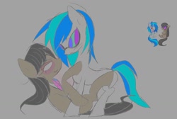 Size: 1172x786 | Tagged: safe, artist:ponykip, dj pon-3, octavia melody, vinyl scratch, pony, g4, blue mane, blue tail, blushing, bowtie, colored sketch, duo, duo female, eye clipping through hair, eyebrows, eyebrows visible through hair, eyelashes, eyeshadow, female, gray background, gray coat, gray mane, gray tail, lesbian, long mane, long neck, long tail, looking at each other, looking at someone, makeup, mare, open mouth, pinned down, ship:scratchtavia, shipping, simple background, sketch, smiling, tail, two toned mane, two toned tail, vinyl's glasses, white coat