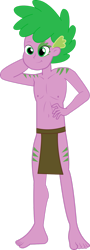 Size: 647x1800 | Tagged: safe, artist:crazybrothersstyler2, spike, human, equestria girls, g4, alternate timeline, barefoot, belly button, chrysalis resistance timeline, clothes, feet, human spike, humanized, jungle boy, loincloth, male, male nipples, nipples, paint, partial nudity, simple background, smiling, solo, topless, transparent background, tribal markings